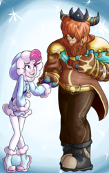 Size: 3150x5000 | Tagged: safe, artist:heyerika, pinkie pie, prince rutherford, human, equestria girls, g4, bundled up, clothes, duo, equestria girls-ified, high res, holding hands, hoodie, parka, size difference, smiling, snow, sweater, winter outfit