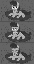 Size: 640x1204 | Tagged: safe, artist:herooftime1000, octavia melody, earth pony, pony, octavia in the underworld's cello, g4, comic, crying, eyes closed, female, grass, mare, monochrome, mud, open mouth, pixel art, sad, solo