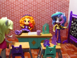 Size: 1000x750 | Tagged: safe, artist:whatthehell!?, adagio dazzle, derpy hooves, princess celestia, principal celestia, equestria girls, g4, apple, boots, chair, chalkboard, classroom, clothes, cup, desk, doll, equestria girls minis, eqventures of the minis, food, gem, irl, photo, shoes, skirt, toy