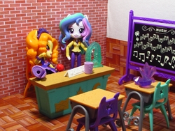 Size: 1000x750 | Tagged: safe, artist:whatthehell!?, adagio dazzle, princess celestia, principal celestia, equestria girls, g4, apple, boots, chair, chalkboard, classroom, clothes, cup, desk, doll, equestria girls minis, food, gem, irl, photo, shoes, skirt, toy