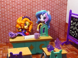 Size: 1000x750 | Tagged: safe, artist:whatthehell!?, adagio dazzle, princess celestia, principal celestia, equestria girls, g4, apple, boots, chair, chalkboard, classroom, clothes, cup, desk, doll, equestria girls minis, food, gem, irl, photo, shoes, skirt, toy