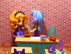 Size: 1000x750 | Tagged: safe, artist:whatthehell!?, adagio dazzle, princess celestia, principal celestia, equestria girls, g4, apple, boots, chair, classroom, clothes, cup, desk, doll, equestria girls minis, food, gem, irl, photo, shoes, skirt, toy