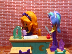 Size: 1000x750 | Tagged: safe, artist:whatthehell!?, adagio dazzle, princess celestia, principal celestia, equestria girls, g4, apple, boots, chair, classroom, clothes, cup, desk, doll, equestria girls minis, food, gem, irl, photo, shoes, skirt, toy