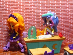 Size: 1000x750 | Tagged: safe, artist:whatthehell!?, adagio dazzle, princess celestia, principal celestia, equestria girls, g4, apple, boots, chair, classroom, clothes, cup, desk, doll, equestria girls minis, food, gem, irl, photo, shoes, skirt, toy