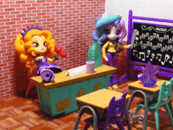 Size: 648x486 | Tagged: safe, artist:whatthehell!?, adagio dazzle, princess celestia, principal celestia, equestria girls, g4, animated, apple, boots, chair, chalkboard, classroom, clothes, cup, desk, doll, equestria girls minis, feet on table, food, gem, irl, photo, shoes, skirt, stop motion, toy