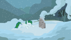 Size: 1920x1080 | Tagged: safe, oc, oc only, pony, crying, grave, gravestone, grief, implied death, lying down, rest in peace, snow, solo, winter