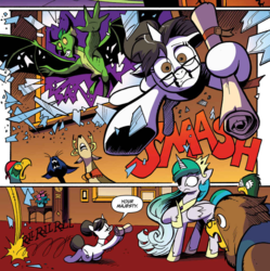 Size: 987x992 | Tagged: safe, artist:andypriceart, idw, official comic, blackthorn, blacktip, lord gestal, princess celestia, raven, abyssinian, alicorn, deer, dragon, griffon, parrot pirates, pony, unicorn, g4, my little pony: the movie, spoiler:comic, spoiler:comic62, comic, cropped, defenestration, dramatic entrance, female, like a boss, majestic as fuck, male, mare, pirate, speech bubble, spread wings, unnamed character, unnamed griffon, wings