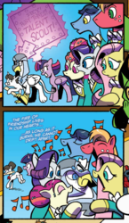 Size: 508x878 | Tagged: safe, artist:andypriceart, idw, official comic, big macintosh, fluttershy, rarity, raven, toe-tapper, torch song, twilight sparkle, alicorn, griffon, pony, unicorn, g4, spoiler:comic, spoiler:comic62, blue background, comic, cropped, female, fire of friendship, male, mare, ponytones, simple background, stallion, twilight sparkle (alicorn), unnamed character, unnamed griffon