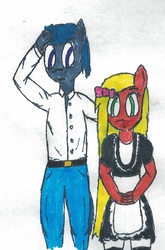 Size: 739x1121 | Tagged: safe, artist:sovietpone, oc, oc only, anthro, bow, clothes, female, hair bow, maid, male, traditional art