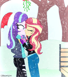 Size: 900x1016 | Tagged: safe, artist:cbear624, starlight glimmer, sunset shimmer, human, equestria girls, equestria girls specials, g4, bench, blushing, christmas, clothes, duo, eyes closed, female, hat, holiday, jacket, kissing, lesbian, mistletoe, mittens, pants, santa hat, scarf, ship:shimmerglimmer, shipping, snow, snowfall, surprise kiss