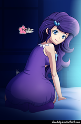 Size: 2215x3406 | Tagged: safe, artist:clouddg, rarity, equestria girls, g4, ass, bed, bedroom, butt, clothes, female, high res, human coloration, looking at you, looking back, looking back at you, nightgown, rearity, signature, slippers, smiling, solo