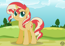 Size: 1052x744 | Tagged: safe, artist:ashidaru, sunset shimmer, pony, unicorn, g4, my little pony: the movie, female, field, movie accurate, solo, tree