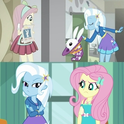 Size: 2048x2048 | Tagged: safe, screencap, fluttershy, trixie, a little birdie told me, eqg summertime shorts, equestria girls, equestria girls series, g4, good vibes, clothes, comparison, female, geode of fauna, high res, hoodie, magical geodes