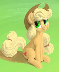 Size: 2471x3000 | Tagged: safe, artist:dimfann, applejack, earth pony, pony, g4, cowboy hat, cute, female, freckles, grass, hat, high res, jackabetes, looking away, looking up, sitting, smiling, solo, stetson