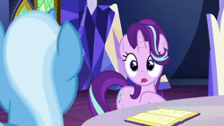 Size: 1280x720 | Tagged: safe, screencap, starlight glimmer, trixie, pony, unicorn, all bottled up, g4, animated, book, chair, crystal, cutie map, door, emotions, female, magic, sound, talking, twilight's castle, webm