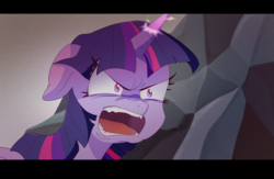 Size: 1319x862 | Tagged: safe, artist:gyunyu, twilight sparkle, alicorn, pony, g4, my little pony: the movie, angry, basalt beach, black bars, ears back, female, glowing horn, horn, letterboxing, scene interpretation, solo, twilight sparkle (alicorn)