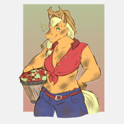 Size: 1000x1000 | Tagged: safe, artist:princesstor, applejack, earth pony, anthro, g4, abs, apple, belly button, clothes, dirty, female, food, front knot midriff, hay stalk, jeans, midriff, one eye closed, pants, solo, straw in mouth, sweat, wink