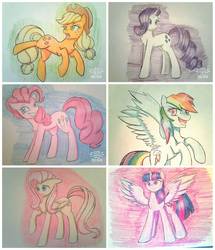 Size: 1019x1184 | Tagged: safe, artist:ponime11, applejack, fluttershy, pinkie pie, rainbow dash, rarity, twilight sparkle, alicorn, pony, g4, mane six, spread wings, traditional art, twilight sparkle (alicorn), wings