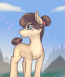 Size: 1341x1598 | Tagged: safe, artist:snowpaca, oc, oc only, pony, bun, cloud, female, makeup, mare, markings, mountain, petals, scenery, sky, tail wrap, yamato island