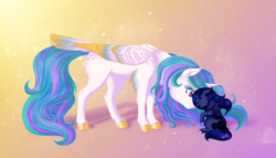 Size: 2192x1250 | Tagged: safe, artist:silverwolf866, princess celestia, princess luna, alicorn, pony, g4, blank flank, cloven hooves, colored eyelashes, colored fluff, colored wings, colored wingtips, cute, cutelestia, duo, eyes closed, female, filly, gradient background, leg fluff, lunabetes, mare, royal sisters, siblings, sisters, smiling, tail feathers, woona, younger