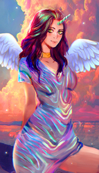 Size: 572x1000 | Tagged: safe, artist:sitara, oc, oc only, human, clothes, cloud, cloudy, dress, green eyes, horn, horned humanization, humanized, looking at you, solo, winged humanization, wings