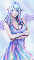 Size: 563x1000 | Tagged: safe, artist:sitara, oc, oc only, human, blue eyes, breasts, cleavage, clothes, dress, humanized, light skin, white hair, wings