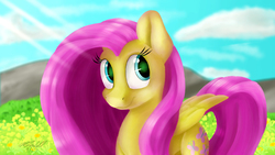 Size: 1600x900 | Tagged: safe, artist:mcmeg29, fluttershy, pegasus, pony, g4, bust, female, folded wings, looking at you, looking sideways, portrait, smiling, solo, wings