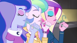 Size: 1100x618 | Tagged: safe, screencap, dean cadance, princess cadance, princess celestia, princess luna, principal celestia, vice principal luna, equestria girls, g4, my little pony equestria girls: friendship games, eyes closed, fork