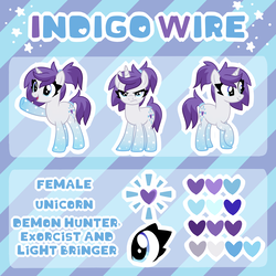 Size: 4000x4000 | Tagged: safe, artist:partypievt, oc, oc only, oc:indigo wire, pony, unicorn, g4, abstract background, absurd resolution, base used, cutie mark, demon hunter, exorcist, female, gradient hooves, lightbringer, mare, not rarity, ponytail, reference sheet, show accurate, solo, trace