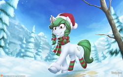 Size: 1769x1110 | Tagged: safe, artist:balade, oc, oc only, oc:morning melody, pony, christmas, clothes, commission, female, forest, hat, holiday, mare, patreon, patreon logo, santa hat, scarf, smiling, snow, socks, solo, stockings, striped socks, thigh highs, tree, winter