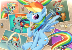 Size: 1350x945 | Tagged: safe, artist:ryuu, rainbow dash, pegasus, pony, clothes, costume, cute, dashabetes, dress, element of loyalty, female, filly, filly rainbow dash, flying, gala dress, looking at you, mare, netitus, photo, rainbow dash day, rainbow power, shield, smiling, solo, younger