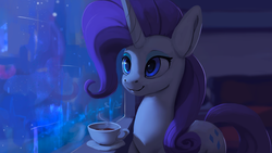 Size: 1300x731 | Tagged: safe, artist:rodrigues404, rarity, pony, unicorn, g4, cup, female, food, horn, mare, night, sky, solo, stars, steam, tea, teacup, window