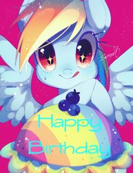 Size: 1378x1787 | Tagged: safe, artist:setoya, rainbow dash, pegasus, pony, g4, blueberry, cake, cute, female, food, happy birthday, mare, rainbow dash likes pie, simple background, smiling, solo, sparkly eyes, spread wings, tongue out, wings