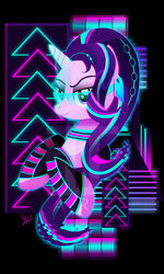 Size: 1899x3158 | Tagged: safe, artist:ii-art, starlight glimmer, pony, unicorn, g4, cyberpunk, female, looking at you, mare, smiling, solo, synthwave, vaporwave, visor