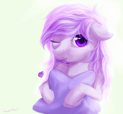 Size: 2411x2237 | Tagged: safe, artist:1deathpony1, oc, oc only, oc:starstorm slumber, pony, female, floppy ears, heart, high res, looking at you, mare, one eye closed, pillow, smiling, solo, wink