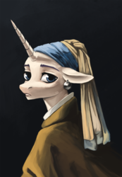 Size: 900x1302 | Tagged: safe, artist:weird--fish, pony, unicorn, bust, clothes, ear piercing, earring, female, fine art parody, girl with a pearl earring, jewelry, johannes vermeer, mare, piercing, ponified, portrait, solo