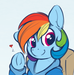 Size: 2000x2032 | Tagged: safe, artist:dimfann, color edit, edit, rainbow dash, pegasus, pony, g4, alternate hairstyle, clothes, colored, colored sketch, cute, dashabetes, female, flat colors, heart, high res, mare, simple background, sketch, smiling, solo, underhoof