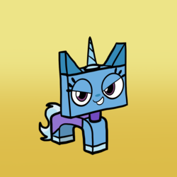 Size: 1280x1280 | Tagged: safe, artist:solarfm, trixie, g4, crossover, female, glare, grin, horn, lego, lidded eyes, looking at you, simple background, smiling, smirk, solo, species swap, the lego movie, unikitty, unikitty!, yellow background