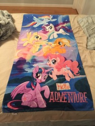 Size: 3264x2448 | Tagged: safe, applejack, fluttershy, pinkie pie, rainbow dash, rarity, twilight sparkle, alicorn, pony, g4, my little pony: the movie, beach towel, cute, hello adventure, high res, mane six, merchandise, rainbow, stars, towel, twilight sparkle (alicorn)