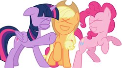 Size: 1200x675 | Tagged: safe, applejack, pinkie pie, twilight sparkle, alicorn, earth pony, pony, g4, eyes closed, female, floppy ears, mare, open mouth, raised hoof, simple background, smiling, trio, twilight sparkle (alicorn), white background, xd