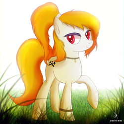 Size: 1265x1265 | Tagged: safe, artist:zidanemina, oc, oc only, oc:equalis, earth pony, pony, blonde, colored pupils, ear fluff, grass, ponytail, raised hoof, red eyes, solo