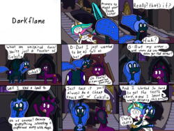 Size: 2048x1536 | Tagged: safe, artist:eternaljonathan, artist:morgrimsunflame, nightmare moon, princess celestia, oc, oc:darkflame, pony, g4, art trade, butt, castle, comedy, comic, crying, plot