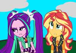 Size: 2000x1400 | Tagged: safe, artist:cloudy glow, artist:ktd1993, aria blaze, sunset shimmer, equestria girls, g4, annoyed, clothes, crossed arms, female, geode of empathy, lesbian, ship:sunblaze, shipping