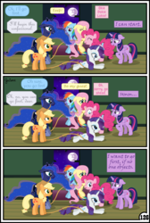 Size: 3254x4837 | Tagged: safe, artist:gutovi, applejack, fluttershy, pinkie pie, princess luna, rainbow dash, rarity, twilight sparkle, alicorn, earth pony, pegasus, pony, unicorn, comic:why me!?, g4, bed, broken window, comic, crying, glass, lasso, mane six, mare in the moon, moon, rope, twilight sparkle (alicorn)