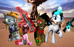 Size: 1644x1050 | Tagged: safe, artist:bill1788, oc, oc only, oc:destin star, oc:littlepip, pony, unicorn, fallout equestria, assault rifle, clothes, desert, fanfic, fanfic art, female, glowing horn, grenade, grin, gun, handgun, hooves, horn, jumpsuit, levitation, little macintosh, magic, mare, mushroom cloud, optical sight, pipbuck, raised hoof, revolver, rifle, scarf, scope, semi-badass, sitting, smiling, standing, telekinesis, vault suit, weapon