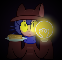 Size: 1795x1727 | Tagged: safe, artist:darkstorm619, pony, choice, crossover, food, glowing, lightbulb, niko (oneshot), oneshot, pancakes, plate, ponified, possible spoilers, simple background, solo