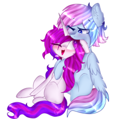 Size: 1000x955 | Tagged: safe, artist:anasflow, oc, oc only, oc:anasflow maggy, oc:shinning blossom, pegasus, pony, unicorn, cuddling, female, mare, simple background, transparent background, white outline