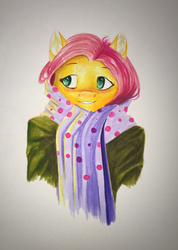 Size: 569x800 | Tagged: safe, artist:chasingthesilverstag, fluttershy, pony, g4, clothes, female, mare, scarf, simple background, smiling, solo, traditional art, warm