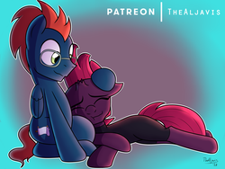 Size: 1280x960 | Tagged: safe, artist:thealjavis, tempest shadow, oc, pegasus, pony, g4, my little pony: the movie, canon x oc, clothes, cuddling, glasses