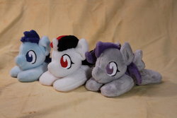 Size: 1024x683 | Tagged: safe, artist:top plush, oc, oc only, oc:blackjack, oc:morning glory (project horizons), oc:p-21, pony, fallout equestria, fallout equestria: project horizons, beanie (plushie), irl, lying down, photo, plushie, prone, trio